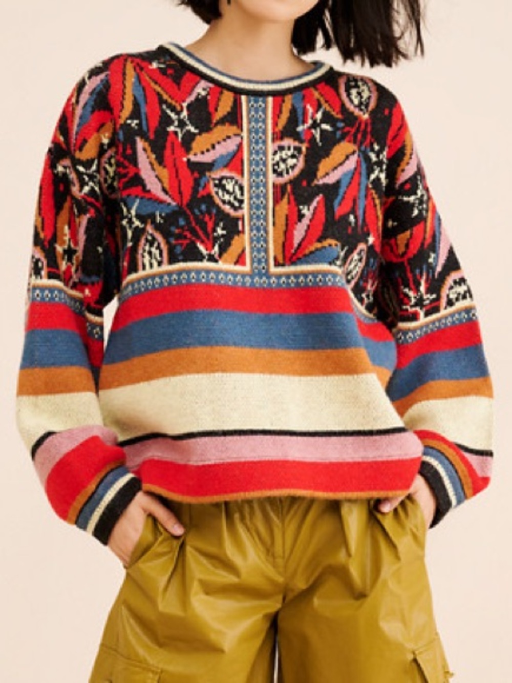 FARM Rio Mix Print Wool Blend Multicolor Patterned Crewneck Sweater Size S